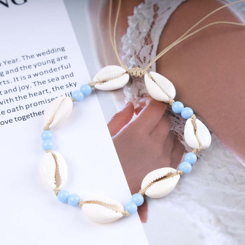 Boho Shell Choker Necklace Vintage Blue Turquoise Scallop Necklace Blue Rice Bead Necklace Adjustable Seashell Chain Necklace Jewelry for Women...