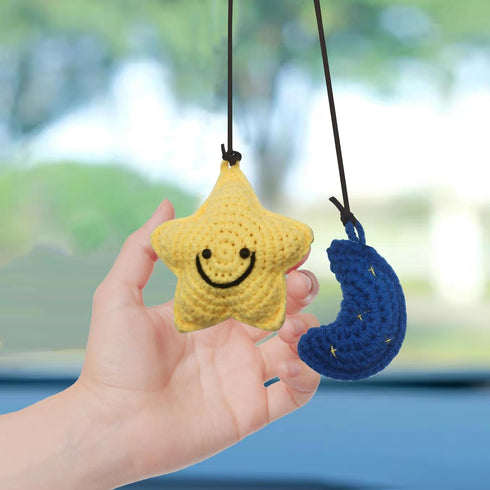 Car Rearview Mirror Hanging Ornament,Crochet Flower Basket Plant Car Accessories,Handmade Knitted Car Ornament Boho Car Accessories for Women (Sta...