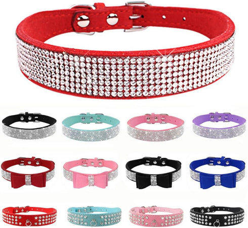 Rhinestone Dog Collar with Full Dazzling Crystals, Soft Suede Leather Collar Dog Cat Puppy Gift Girl, Cute Collar Studded Sparkling Diamonds for S...
