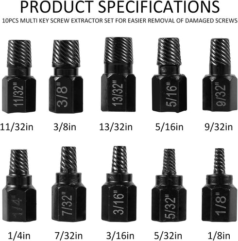 10 Pcs Screw Extractor Set, Broken Bolt Remover, Hex Head Bolt Extractor Set, Multi-Spline Easy Out Bolt Extractor Set, Stripped Fastener Tool for...