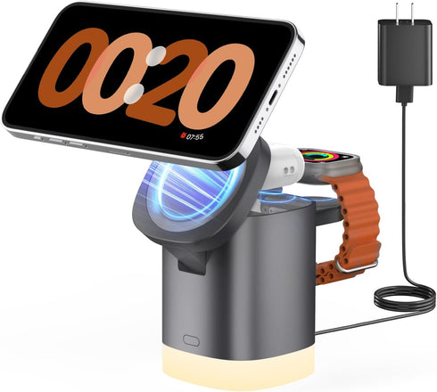 JoyGeek 3-in-1 Charger Stand for Magsafe: Foldable Wireless Charging Station with Night Lights - Magnetic Charger Dock for iPhone 15/14/13/12 Pro/...