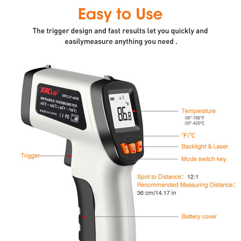 Infrared Thermometer, Laser Temperature Gun for Cooking, Non Contact Temp Gauge, Adjustable Emissivity IR Thermometer Heat Temperature Reader Gun ...