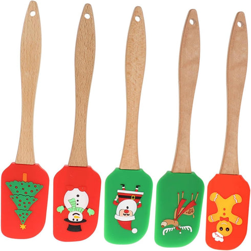 5pcs Cream Spatula Frosting Spatula Wooden Handles Silicone Baking Sheet Christmas Cake Decorating Spatula Christmas Rubber Spatula Cake Baking Sc...
