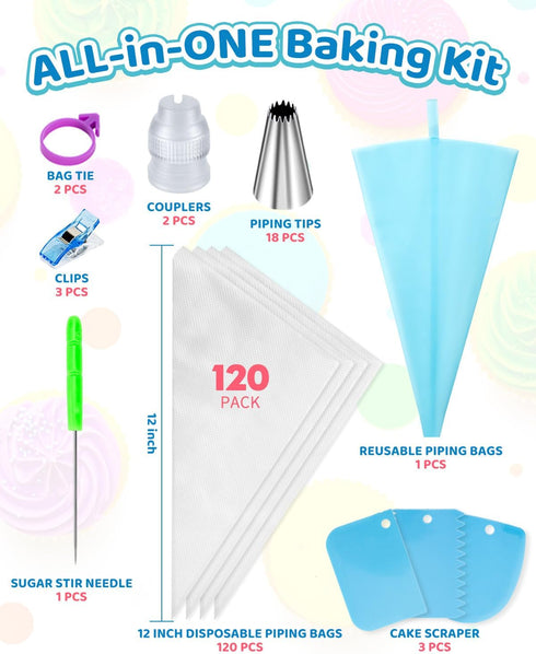 150 Pcs Piping Bags and Tips Set, Cakes Decorating Kit Supplies with 120 Pcs 12 Inch Piping Bags, 1 Reusable Pastry Bags, 18 Tips, 2 Couplers, 2 B...