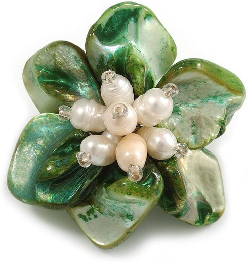 50mm/Green Shell with Freshwater Pearl Bead Asymmetric Flower Brooch/Handmade/Slight Variation In Colour/Size/Shape/Natural Irregularities...