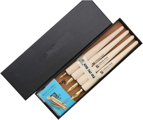 Wooden Professional Manga Pen Dip Pen Set with 4 Nibs Manga Cartoon Comic Drawing Painting Kit - 4 Pcs...