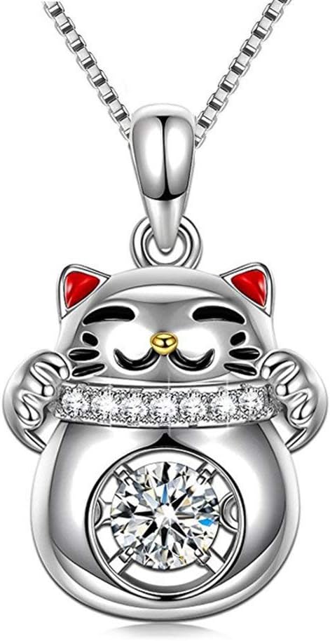 Lucky Fortune Cat Pendant Necklaces for Women Girls Sterling Silver Dancing Crystal Cubic Zirconia Choker Chains Necklace 18 Inch Chain Dainty Jew...