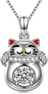 Lucky Fortune Cat Pendant Necklaces for Women Girls Sterling Silver Dancing Crystal Cubic Zirconia Choker Chains Necklace 18 Inch Chain Dainty Jew...