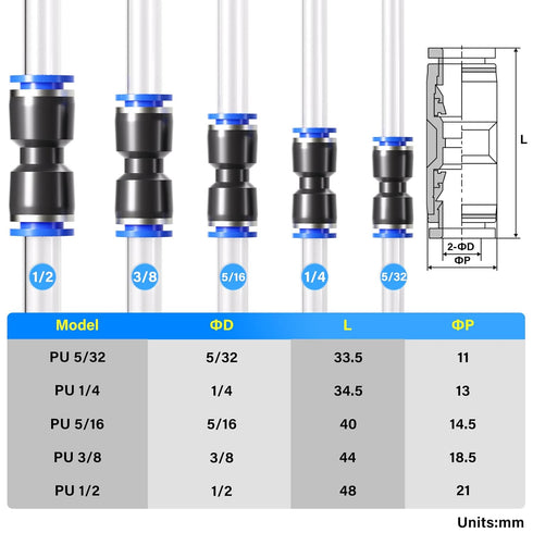 TAILONZ PNEUMATIC 50 pcs Straight Push Connectors Plastic Quick Release Connectors Air Line Fittings for 5/32 1/4 5/16 3/8 1/2Tube (2 Way)...