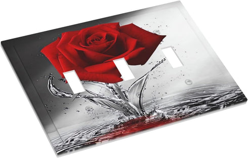 Rose 3 Gang Triple Toggle Light Switch Wall Plate Cover Romantic Floral Blossom Red Rose Reflection on Water Decorative Electrical Faceplate Black...