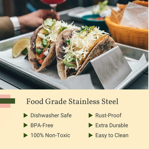 Pack of 4 - Stainless Steel Taco Holder Stand - Truck Tray Style - Each Rack Holds Up to 3 Tacos - Oven, Grill & Dishwasher Safe - Size 8" x 4" x ...