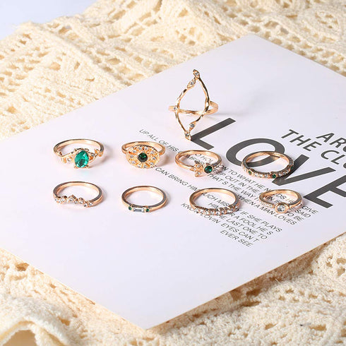 9 Pcs Bohemian Stackable Joint Knuckle Ring Set Vintage Emerald Crystal Finger Ring Gold Midi Ring Pack for Women and Girls...