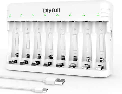 Dlyfull 8 Bay AA AAA Battery Charger with USB-C High-Speed Charging, Independent Slot for 1.2V Ni-MH Ni-CD Rechargeable Batteries, Cable Included....