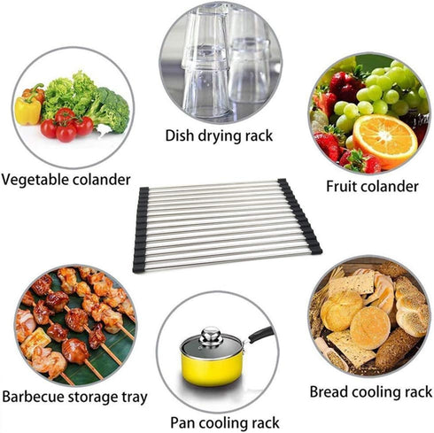 Stainless Steel Roll Up Dish Rack Over The Sink Roll Out Dish Drying Rack for Kitchen Dishes,Cups...