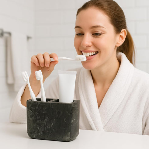 Creative Home Natural Charcoal Marble Maluku Collection Deluxe Rectangular Toothbrush Holder Makeup Brush Organizer Bathroom Countertop Organizer...