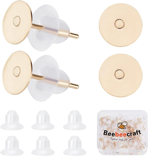 Beebeecraft 200Pcs Earring Posts 24K Gold Plated Stainless Steel Flat Pad Blank Earring Studs with 200Pcs Plastic Ear Nuts for DIY Stud Earrings J...