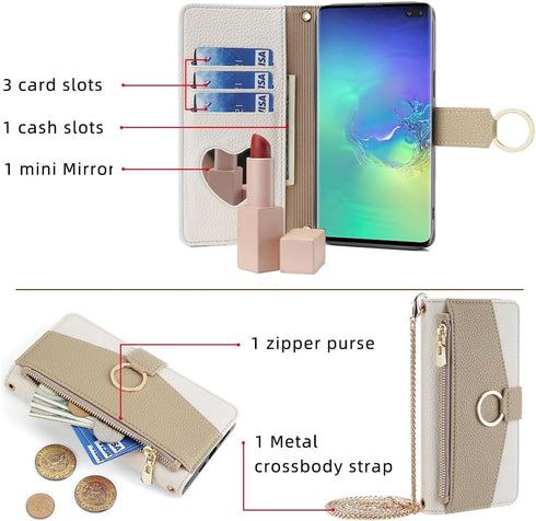 Asuwish Phone Case for Samsung Galaxy S10 Plus Wallet Cover with Screen Protector and Mirror Flip Cover Ring Card Holder Crossbody Strap Stand Cel...