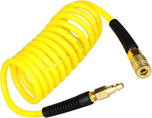YOTOO Polyurethane Recoil Air Hose 1/4" Inner Diameter by 10' Long with Bend Restrictor, 1/4" Industrial Quick Coupler and Plug, Yellow...