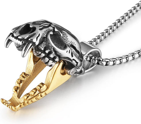 HZMAN Men's Punk Pendant Necklace, Gothic Stainless Steel Openable Sabertooth Tiger Skull Jewelry...