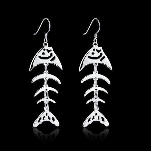 Sterling Silver Plated Earrings Drop Dangle Fish Hook Fish Bones .68" L383...