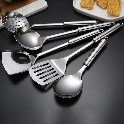 5 PCS Cooking Utensils Set Stainless Steel Kitchen Utensils Gadgets Resistant Cooking Tools Includes Slotted Spoon, Slotted Spatula, Large Spoon, ...