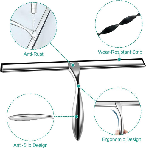 Shower Squeegee for Glass Doors,10-Inch Shower Glass Squeegee, Sliver Shower Squeegee for Shower Doors,Mirror,Windows, with Shower Door Hook and A...