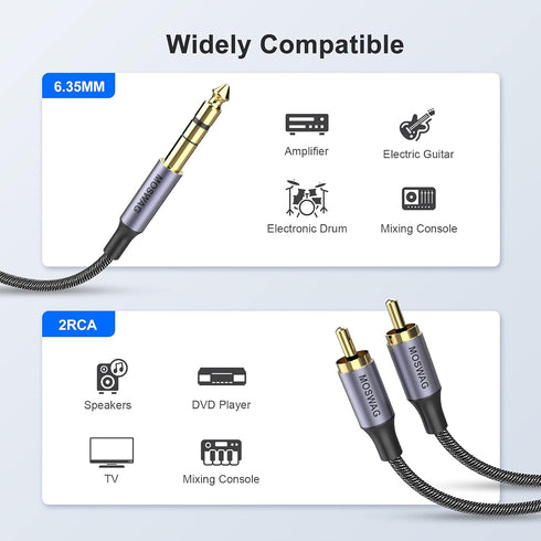 MOSWAG 1/4 inch TRS to Dual RCA Audio Cable,Gold Plated Copper Shell Heavy Duty 6.35mm 1/4 inch Male TRS to 2 RCA Male Stereo Audio Y Splitter Cab...