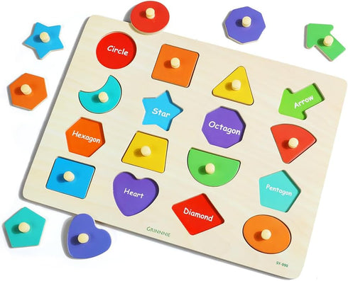 GRINNNIE Toddler Shape Puzzle for 1 2 3 Years Old Boys and Girls, Montessori Wooden Learning Toys Shape Sorting Peg Puzzle for Toddlers 1-3, Gifts...