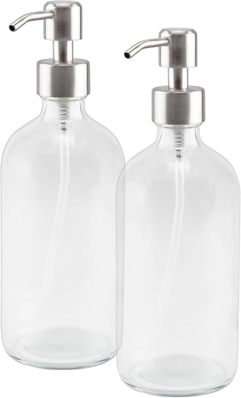 Cornucopia Brands 16-Ounce Clear Glass Bottles w/Stainless Steel Pumps (2 Pack), Soap Dispenser Great for Essential Oils, Lotions, Liquid Soaps...