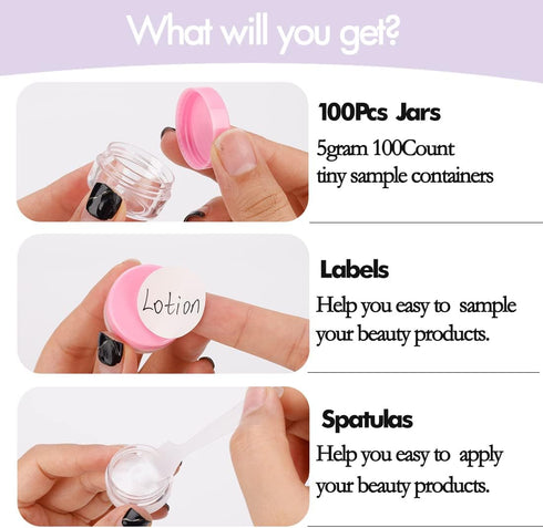 3 Gram Sample Containers with Lids, 100 Count Tiny Sample Jars, Empty Lip Balm Containers, Mini Cosmetic Containers with Lids, Makeup Travel Conta...