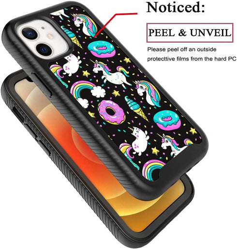 Compatible with iPhone 12 Mini, Rainbow Unicorn Black Pattern Dual Layer Heavy Duty Shockproof Shockproof Defender Transparent Bumper Back Cover P...