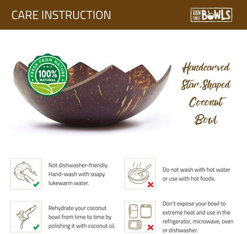 Set of 2 Jumbo Star Coconut Bowls, 2 Wooden Spoons & 2 Reusable Bamboo Straws - 100% Natural, Hand Carved by Artisans, Eco-Friendly & Sustainable ...