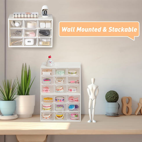 Mini Desk Organizer Drawer, 9 Removable Plastic Art Craft Organizers with Stickers, Cute Desktop Storage Organizer for DIY Crafts, Art Supply, Off...