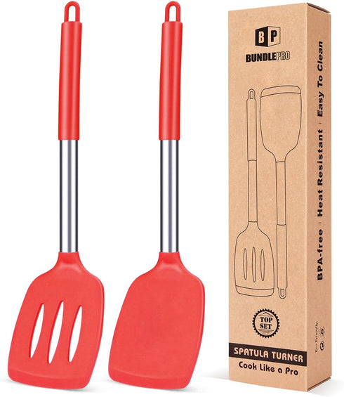 Pack of 2 Silicone Solid Turner, Non Stick Slotted Kitchen Spatulas, High Heat Resistant BPA Free Cooking Utensils, Ideal Cookware for Fish, Eggs,...