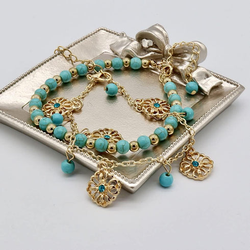 Boho Turquoise Anklet Bracelet Gold Flower Anklet Multi Layer Beads Anklet Beach Anklet Foot Chain Jewelry for Women and Teen Girls...