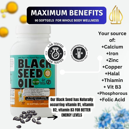 30 days Thymoquinone Pure Turkish Black Seed Oil - Antioxidant non gmo Cold Pressed gel Capsules - Kalonji Cumin Seed Oil softgel - Nigella Sativa...