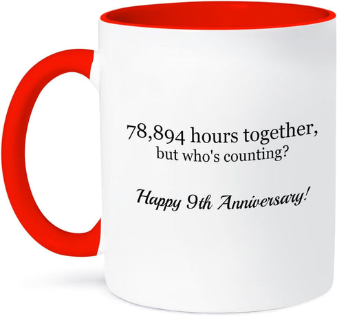 3dRose mug_224654_5 Happy 9th Anniversary - 78894 hours together - Two Tone Red Mug, 11oz...