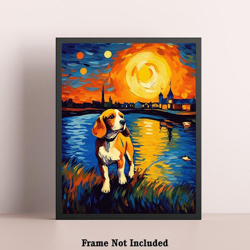 Bestbuddy Pet 11X14 Unframed Starry Night Van Gogh Inspired Beagle Dog by the Lake Farm House Family Animal Pet Family Oil Painting Art Print Post...