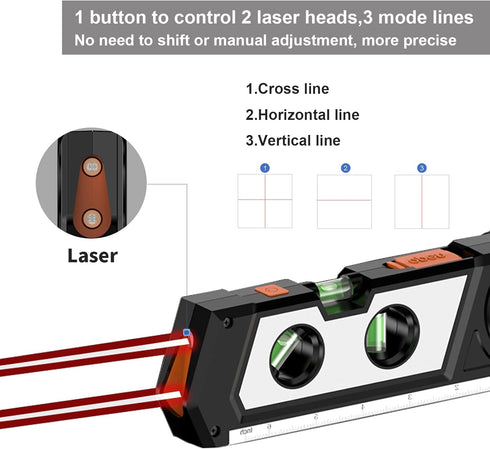 Laser Level Line Tool, 4 in 1 Multipurpose Standard Cross Line Laser Level, 10ft/3M Measure Tape Ruler, 3 Mode Laser Line,3 leveling bubble and Ru...