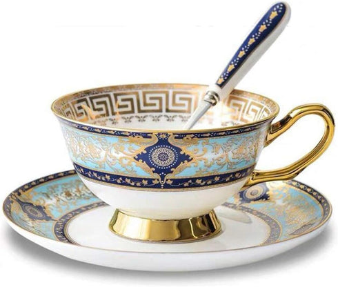 YBK Tech Euro Style Bone China Cup& Saucer Set, Ceramic Tea Coffee Cup for Home Kitchen Wedding (Royal Pattern- Sky Blue)...