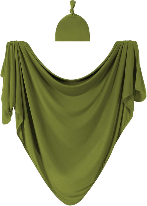 Large Jersey Knitted Swaddle Blanket for Baby, Soft Stretchy Receiving Blanket for Newborns with Hat, Large 47 x 47 inches (Olive) BY001...