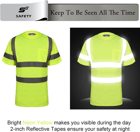 Hi Vis T Shirt Class 3 High Visibility Shirts for Men Safety Shirts with Reflective Strips and Pocket Breathable Construction Work Mesh Short Slee...