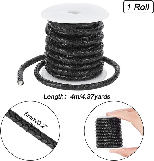 PH PandaHall 4.4 Yard 5mm Round Folded Bolo PU Braided Leather Cord Bolo Tie for Necklace Bracelet Jewelry Making Black...