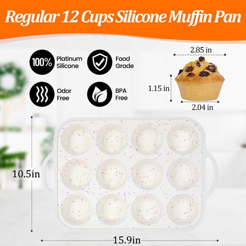 CAKETIME Silicone Muffin Pan, Metal Reinforced Frame Regular Size Cupcake Pan with Handle 12 Cups Nonstick Muffin Pan for Baking BPA Free 1 Pack C...