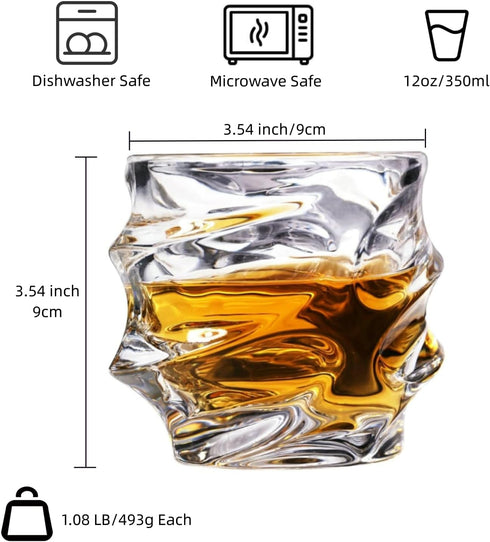 12 oz Hand Blown Crystal Whiskey Glasses Set of 4, Unique Cognac Glass, Heavy Thick Bottom Bar Glass for Scotch Bourbon Rum Gin Water Cocktail,Gif...