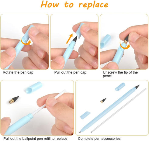 AUAUY 6PCS 2 in 1 Ballpoint Pens and Infinity Pencil, Inkless Pencil, No Sharpening Pencil, Reusable Everlasting Pencil with 6 Replaceable Nib and...