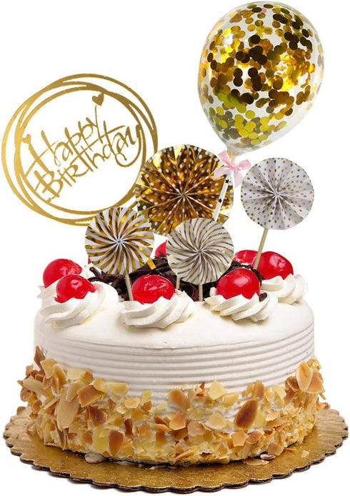 DIYASY Gold Happy Birthday Cake Topper Kit, Confetti Balloon Paper Fans Acrylic Cake Toppers for Birthday Cake Decoration 6 Pcs...
