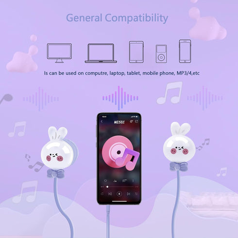Cute Rabbit Kids Earbuds, Earbuds for Kid Size Wired Earphones & in-Ear Headphones with Microphone and Lovely Earbuds Storage Case Gifts for Schoo...