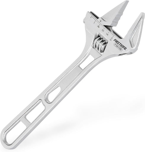 FIRSTINFO F36108 8" Hookable Deep Throat Adjustable Wrench, 1-1/4 inch (32mm) Wide Jaw Opening, Metric & SAE Scales | Chrome-Vanadium Steel Constr...