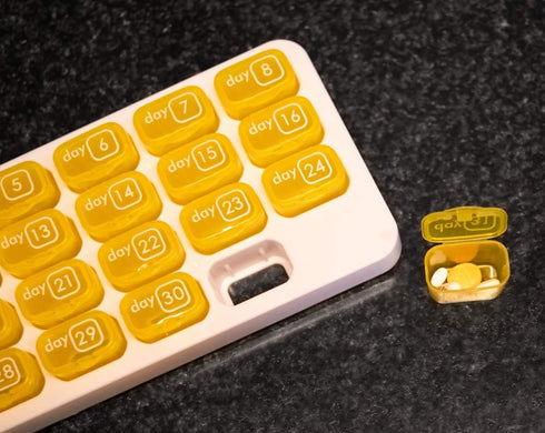31 Day Monthly Pill Pod Organizer for Easy Medication Management - Stay on Track with Daily Vitamin Supplement Med Boxes, Ready for Travel - Yello...